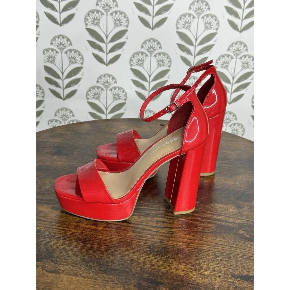 Madden Girl Omega Red Patent Platform Ankle Strap Buckle Open Toe Block Heel 7